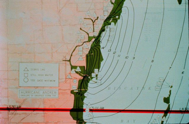 Hurricane Andrew - Storm tide data and contours in feet - green area inundated August 24, 1992 at Dade County, Florida Picture