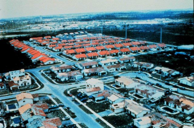 Hurricane Andrew - Note contrast between neighborhoods The difference between good and best concrete block stucco construction Which would you choose? Picture