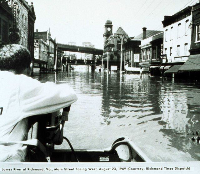 The remnants of Hurricane Camille still packed a powerful punch Traveling through the business district by boat Picture