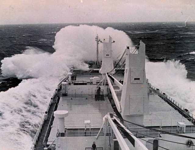 Merchantman WINTER WATER takes heavy seas on the bow from tropical storm Georgette. Picture