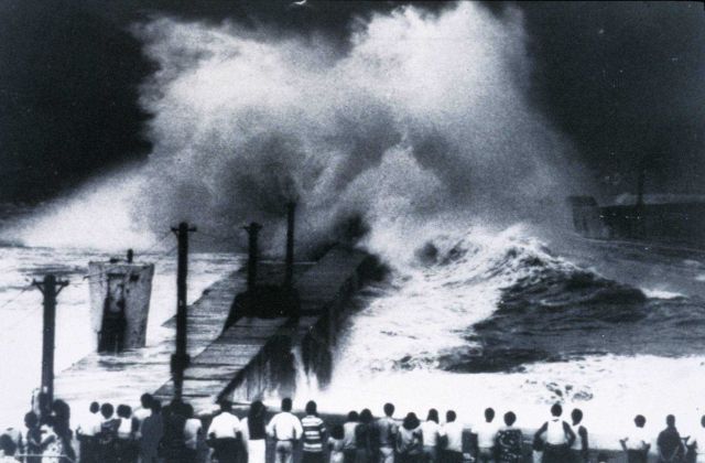 Typhoon generated waves striking a breakwater in Japan Picture
