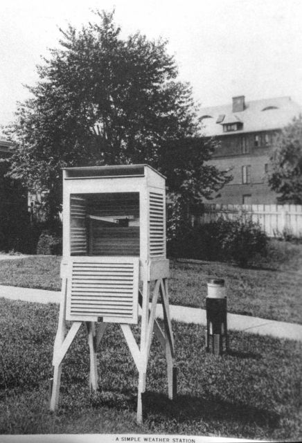 A simple weather station with shelter, rain gauge, and thermometers. Picture