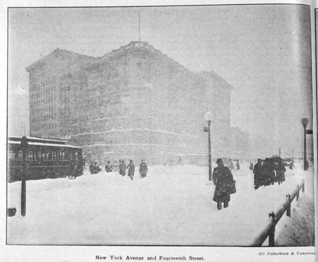 Walking through the snow on New York Avenue and Fourteenth Street during the 