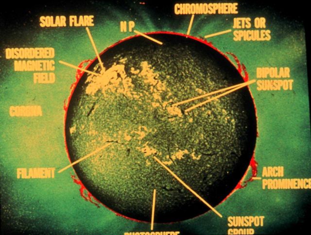 Image of sun showing various types of solar phenomena. Picture