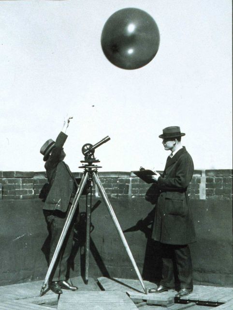 Early testing of hydrogen filled balloons for radiosonde measurements Theodolite used to track balloon to limit of visibility Picture