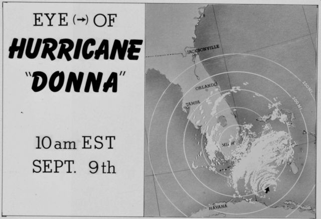 The track of Hurricane Donna as tracked by radar - Photo -3 of sequence Not the first hurricane seen on radar, this was the best tracked at time Picture