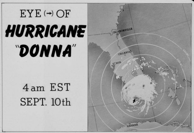 The track of Hurricane Donna as tracked by radar - Photo -6 of sequence Not the first hurricane seen on radar, this was the best tracked at time Picture