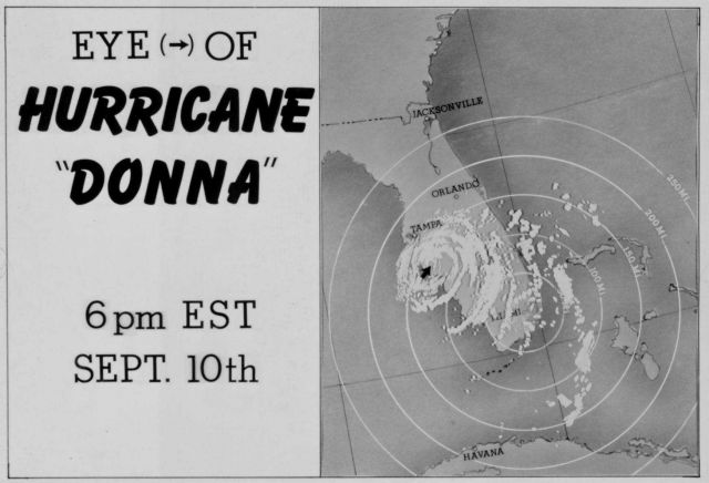 The track of Hurricane Donna as tracked by radar - Photo -9 of sequence Not the first hurricane seen on radar, this was the best tracked at time Picture