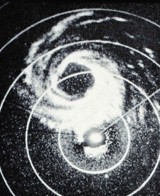 Image of PPI scope of SPS-6 radar on the USS MIDWAY showing rare January hurricane northeast of British Virgin Islands Picture