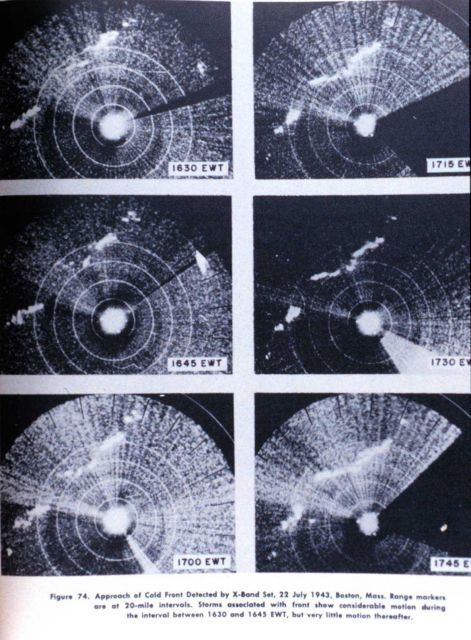 Approach of a cold front as observed on an X-Band radar set at Boston in July, 1943 Picture