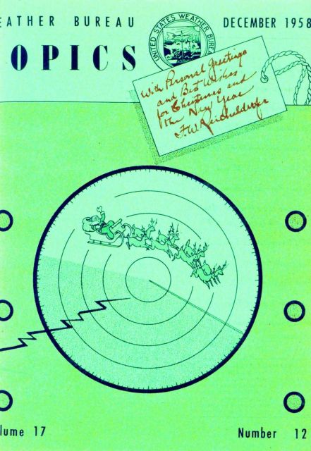Christmas issue of Weather Bureau Topics with Santa Claus streaking across a weather radar Picture