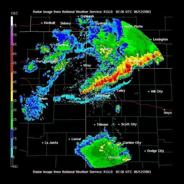 A strong squall line with associated gust front (blue reflection) south of strong red and yellow reflections) in northwest Kansas. Picture