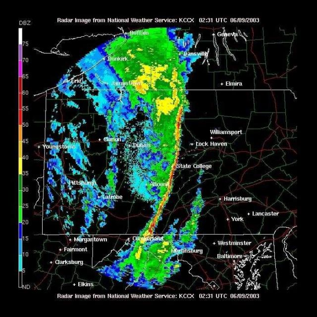 A narrow squall line nearly bisecting Pennsylvania from north to south. Picture