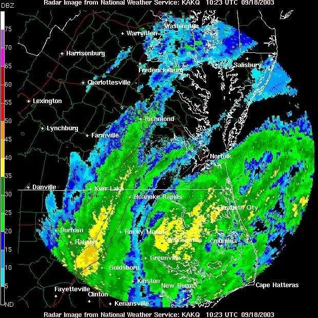 Rainbands from Hurricane Isobel seen from Wakefield, Virginia, radar. Picture