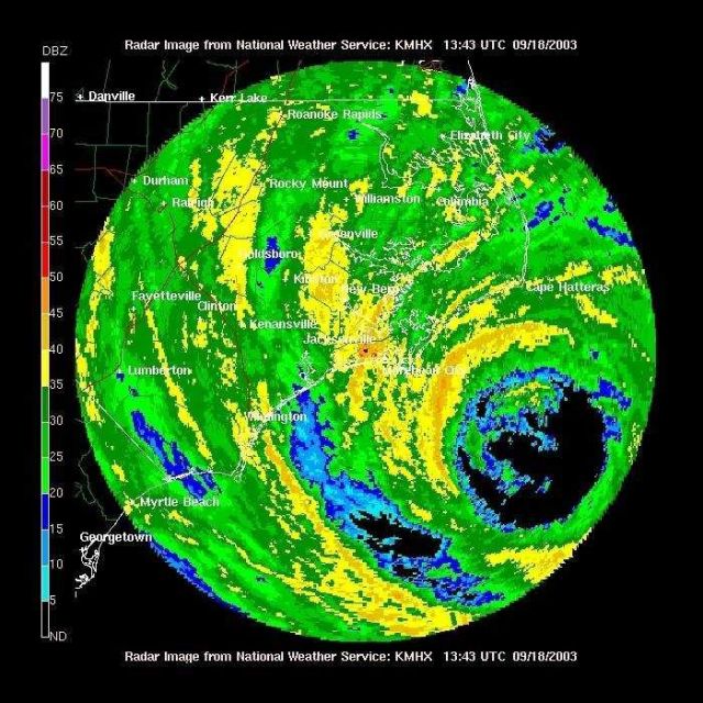 Rainbands and eyewall of Hurricane Isobel seen in its entirety from Newport, North Carolina, radar. Picture
