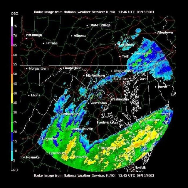 Rainbands from Hurricane Isobel seen from Sterling, Virginia, radar. Picture