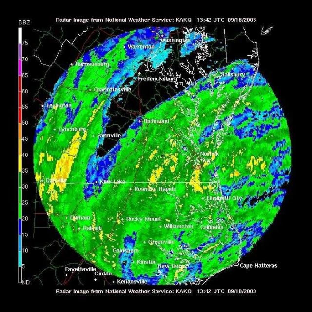 Rainbands from Hurricane Isobel seen from Wakefield, Virginia, radar. Picture