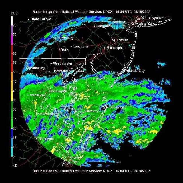Rainbands from Hurricane Isobel seen from Sterling, Virginia, radar. Picture