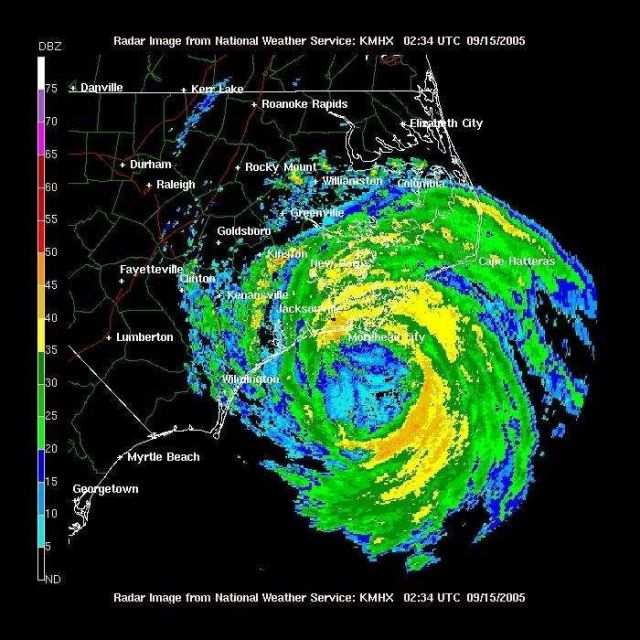 Hurricane Opelia heading northeast passing just offshore from Cape Fear. Picture
