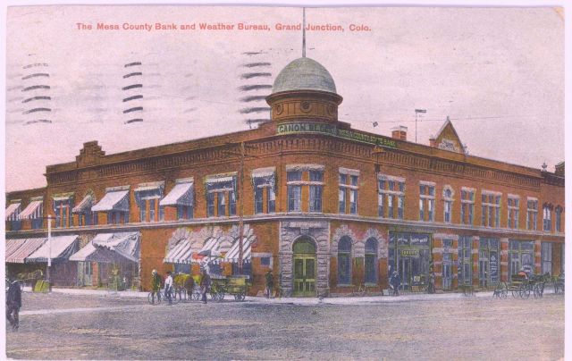 Postcard of the Mesa County Bank and Weather Bureau office at Grand Junction, Colorado. Picture