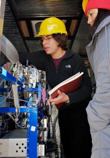 Roya Bahreini and Fatma Ozturk of both NOAA ESRL and CIRES check instrumentation designed to measure the composition of particles in the atmosphere. Picture