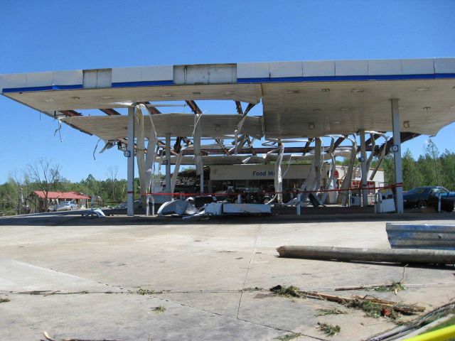 Damage to Chevron gas station in Barnesville from the Pike, Lamar, Monroe, and Butts EF3 tornado. Picture