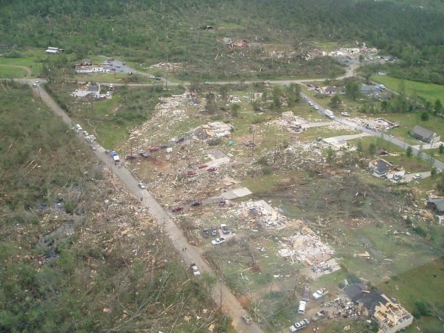 Aerial photo showing near total destruction of a number of homes in Bartow Count by the Bartow-Cherokee-Pickens EF3 tornado. Picture