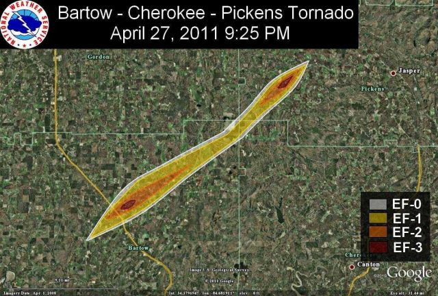Track of the Bartow-Cherokee-Pickens tornado showing maximum strength of Fujita Scale F-3. Picture