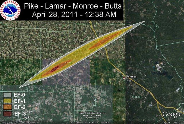 Path of the EF3 tornado that struck Pike, Lamar, Monroe, and Butts Counties. Picture