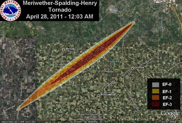 Path of large EF3 Meriwether-Spalding-Henry Counties tornado. Picture