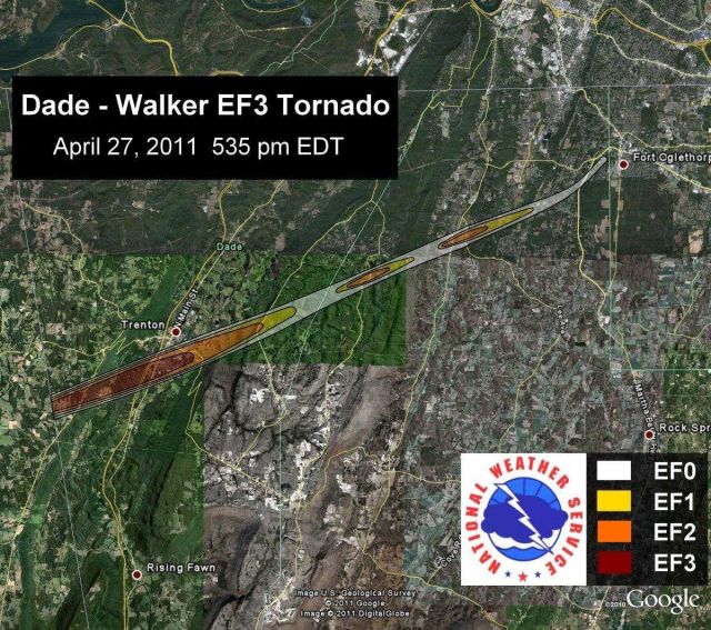 Path of Dade-Walker EF3 tornado. Picture