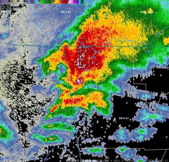 Reflectivity image of tornado in Dade County. Picture
