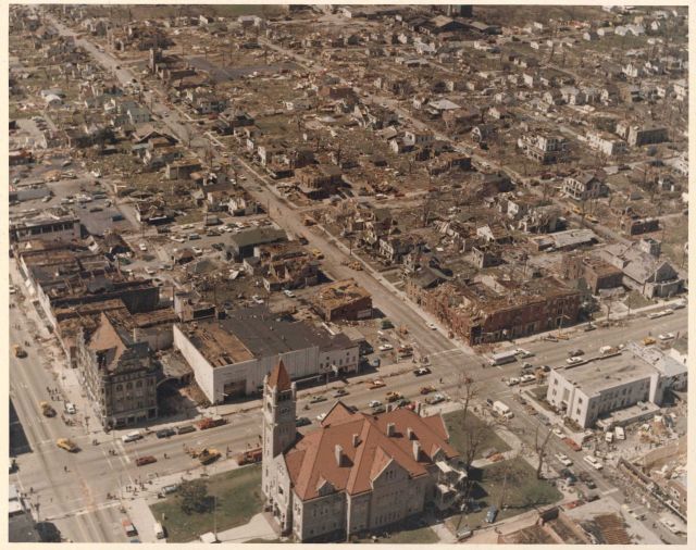 Xenia city center tornado damage from Super Tornado Outbreak of April 3, 1974. Picture