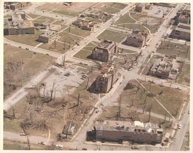 Central State University tornado damage from Super Tornado Outbreak of April 3, 1974. Picture