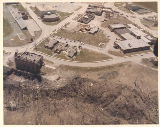 Central State University tornado damage from Super Tornado Outbreak of April 3, 1974. Picture