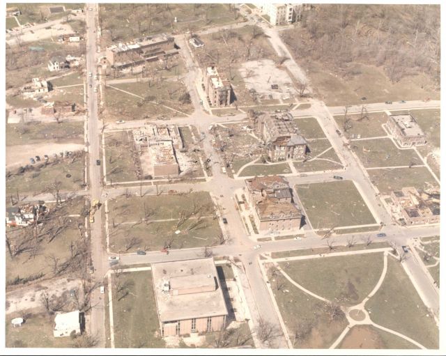 Central State University tornado damage from Super Tornado Outbreak of April 3, 1974. Picture