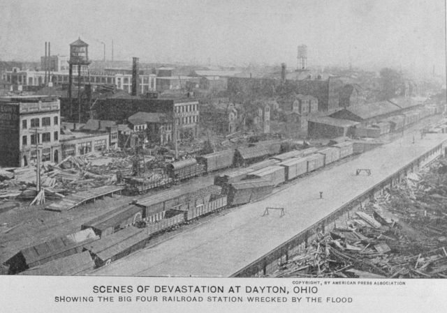 The Big Four railroad station wrecked by the flood. Picture