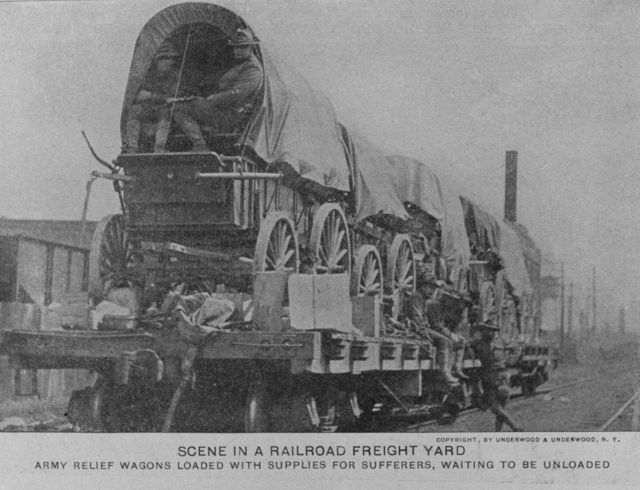 Army relief wagons waiting to be unloaded somewhere in Ohio. Picture