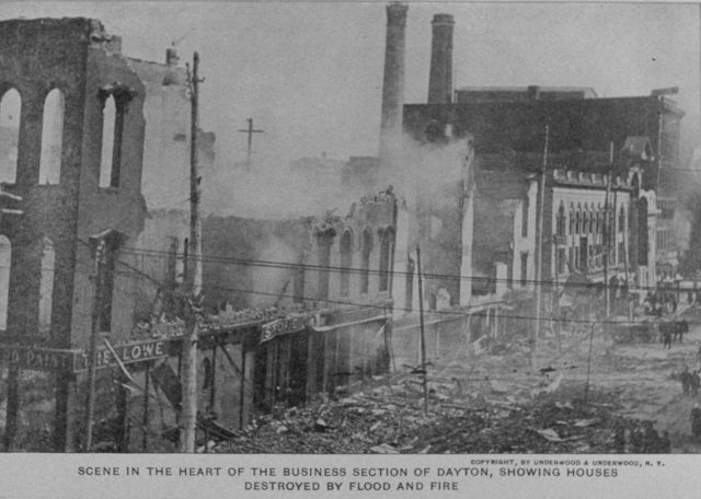 The business section of Dayton with buildings destroyed by both flood and fire. Picture