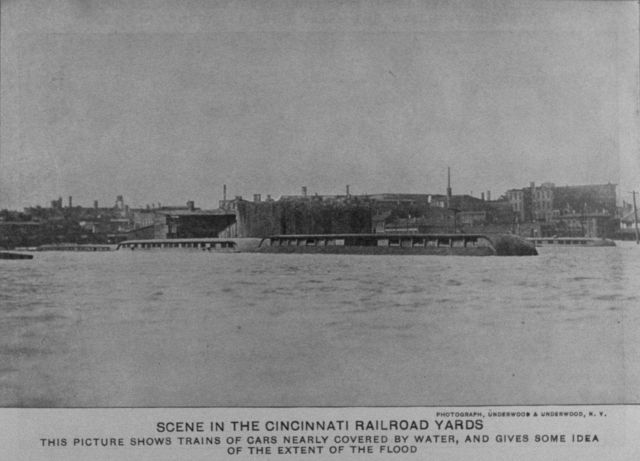 Railway cars nearly underwater at the Cincinnati railway yard. Picture