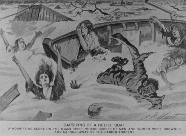 An artist's rendition of the overturning of a relief boat attempting to save people from flooding along the Miami River. Picture