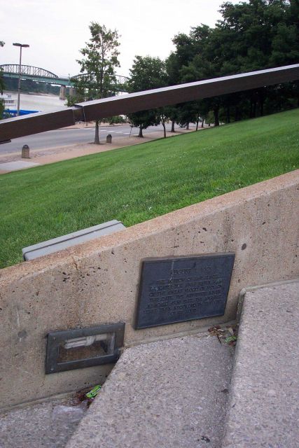 A plaque in the steps leading down to the Mississippi River commemorates the highest flood ever recorded at St Picture