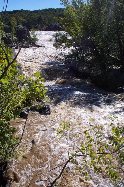 Raging waters flowing out to the main body of the Potomac River during flood. Picture