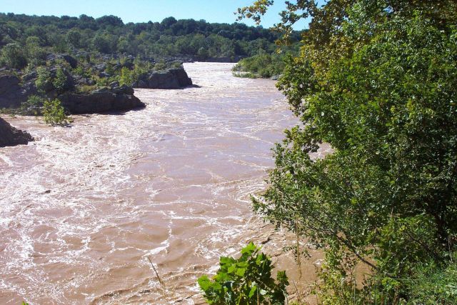 Normally gentle stream area flowing into Potomac below Great Falls. Picture