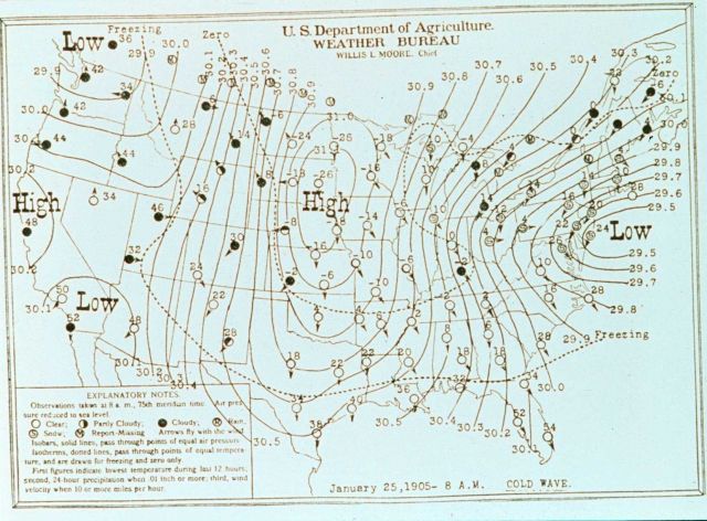 Weather Bureau weather map showing cold wave in center of country Northeaster attacking mid-Atlantic states Picture