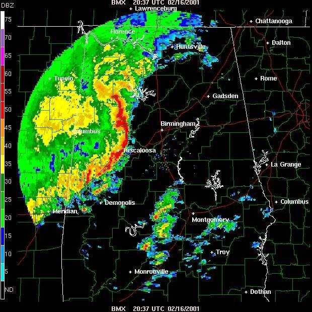 Bow echo with strong winds racing across Alabama observed by Birmingham doppler radar Picture