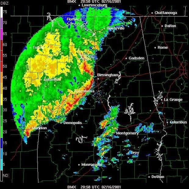 Bow echo with strong winds racing across Alabama observed by Birmingham doppler radar Picture