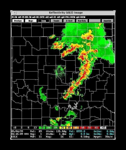 Tornadic thunderstorms ravaging Oklahoma during the great Oklahoma Tornado Outbreak of 1999. Picture
