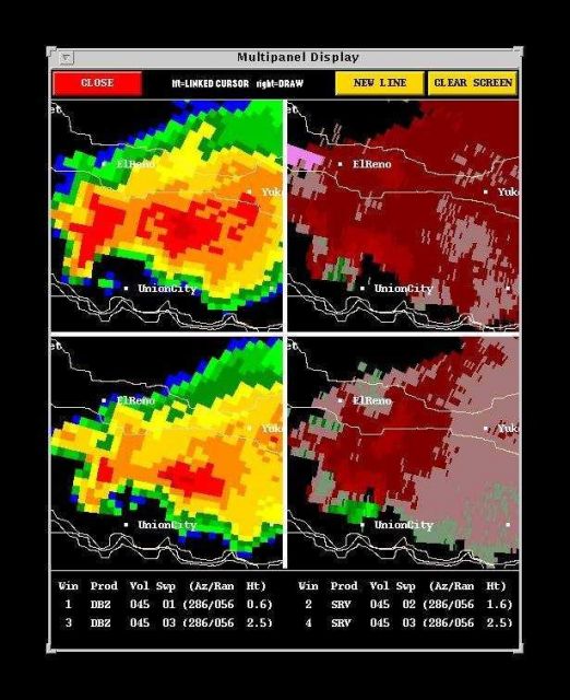 Reflectivity image and storm relative velocity image showing location of tornado to the west of Union City during the great Oklahoma Tornado Outbreak  Picture
