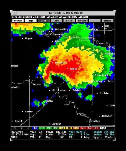 Reflectivity image of supercell thunderstorm with tornadic hook echo SW of Amber during the great Oklahoma Tornado Outbreak of 1999. Picture